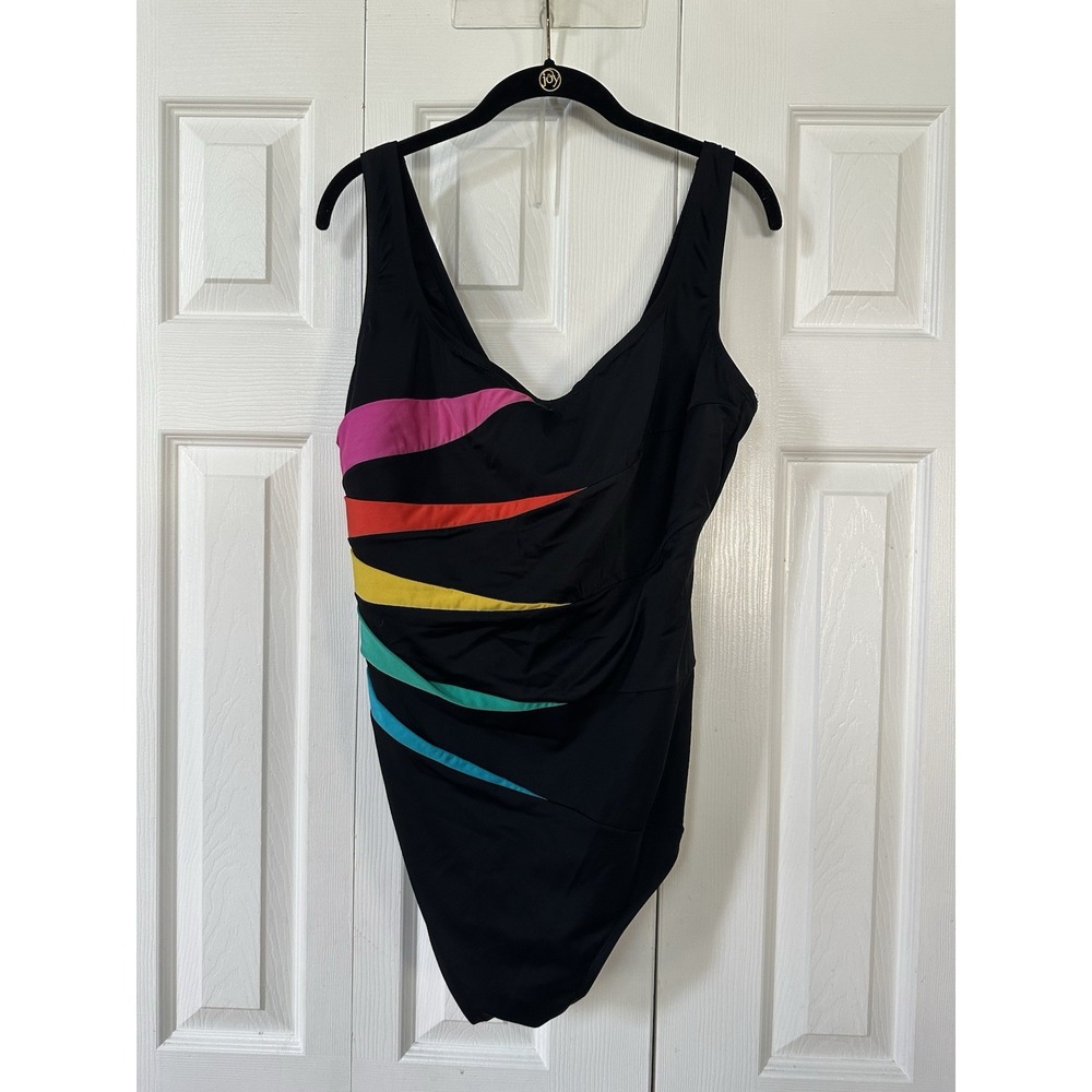 Longitude One Piece Swimsuit Size 22W Black Multicolor Striped Tummy Resort